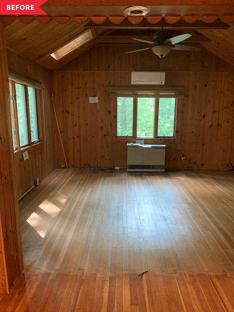 Maine Cabin Interior, Living Room With Wood Ceiling, Log Cabin Loft, Log Cabin Makeover, Lake Cabin Interiors, Log Cabin Renovation, Log Cabin Living Room, Modern Cabin Interior, 1950s Summer