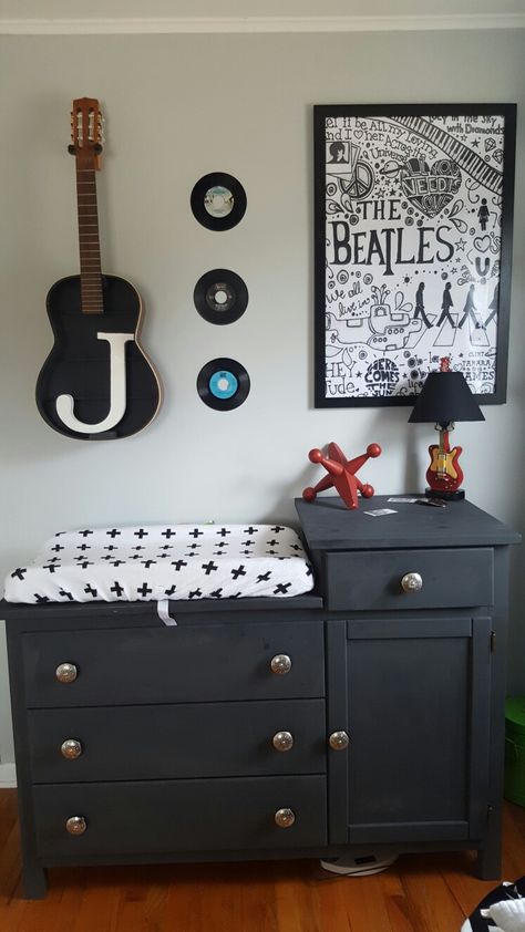 Rocker baby room Rock and Roll nursery Rock Roll Nursery, Rock Music Nursery, Rock Theme Nursery, Rock And Roll Themed Bedroom, Rock And Roll Theme Nursery, Guitar Nursery Baby Boy, Beatles Themed Nursery, Musical Nursery Theme, Rock Nursery Theme