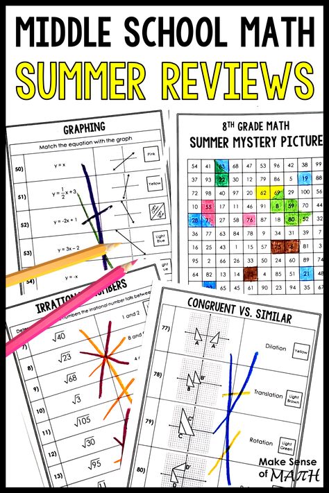 Are you worried about your child falling behind in math this summer? Summer can be a challenging time for any student, as he or she attempts to retain the knowledge learned throughout the school year. But don't worry! Our Middle School Math Summer Packet Review can help. Our summer packet is designed for both 7th and 8th grade math and covers all the topics needed for a complete and comprehensive summer review. Middle School Summer School Ideas, Patriotic Math, Middle School Schedule, Summer School Work, Middle School Math Worksheets, Algebra Games, Summer Lesson Plans, School Countdown, Seventh Grade Math