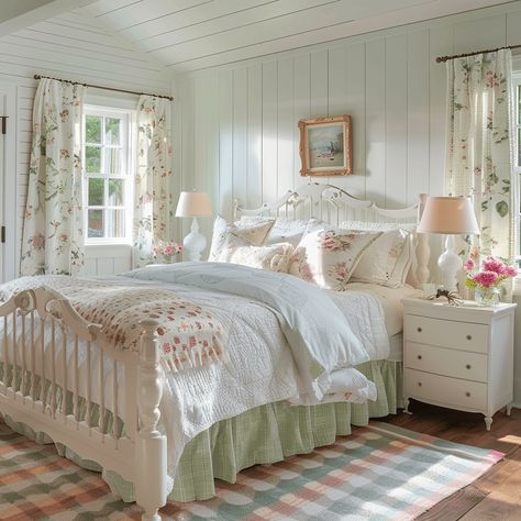 A modern cottage bedroom featuring a soothing color palette of whites, creams, and pastels, with floral and gingham patterns on the bedding and curtains3 Elegant Cottage Bedroom, In Law Bedroom Ideas, Colorful Cottage Interiors Bedroom, Cottage Homes Interior Bedrooms, Grandma Style Bedroom, Cottage Master Bedrooms Decor Cozy, Pink Cottage Bedroom, English Cottage Bedroom Ideas, Cottage Girls Bedroom