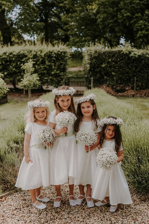 Four flower girls in white dresses and white ballet shoes with small round gypsophila bouquets with matching gypsophila flower crowns Tuscany Style Wedding, Ghost Wedding, Kids Bridesmaid Dress, Chunky Headband, Gypsophila Bouquet, Gypsophila Wedding, Tuscany Style, Flower Girl Bouquet, Flower Girl Crown