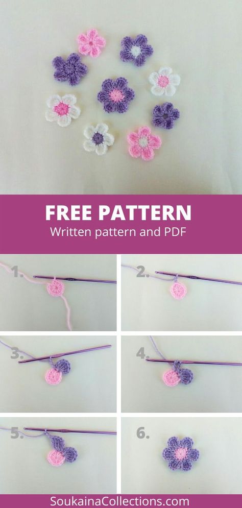 Amigurumi Patterns, Crochet Mini Flowers Pattern, Crochet Flower Crown Free Pattern, Small Flowers Crochet Pattern, Free Crochet Small Flower Patterns, Crochet Flowers Simple, Simple Flower Crochet Pattern Free, Simple Crochet Applique, Miniature Crochet Flowers