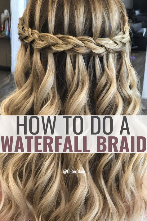 Whether you're getting ready for a special occasion or simply want to elevate your everyday hairstyle, mastering the art of the waterfall braid can add a touch of elegance to your look. If you wish to effortlessly create a stunning waterfall braid that turns heads, this tutorial is for you. Discover step-by-step instructions and essential techniques to achieve the perfect waterfall braid every time. How To Waterfall Braid Your Own Hair, Waterfall Braid Bridal Hair, Waterfall Braid Bride, Cascading Braid Wedding Hair, How To Waterfall Braid Step By Step, How To Do A Waterfall Braid, Braids And Curls Hairstyles, Waterfall Braid Wedding Hair, Waterfall Braid Prom