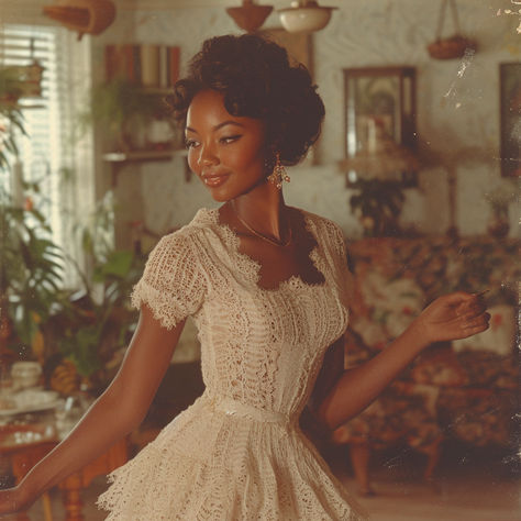 Vintage photo of black woman in 1950's dancing in her living room archive photo ai photo stock photo of woman dancing Black Women Victorian Era, Black Women In 1950s, Black 1950s Women, Black Women 1950s Fashion, 1930 Black Women, Black Housewife Photoshoot, Mysterious Feminine Aesthetic, 60s Aesthetic Black Women, 1940s Fashion Black Women