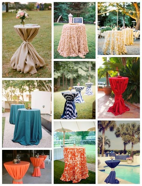 Wediquette and Parties: It's All in the Details: Specialty Linens for Your Wedding or Party- Hi-Top Cocktail Hour Tables & more! Round Cocktail Table Decor, High Top Table Cloth Ideas, Cocktail Table Ties, High Top Tables For Party, Hightop Cocktail Tables Wedding, High Top Table Decor Wedding, High Top Table Decor, Cocktail Table Decor Wedding, Cocktail Tables Wedding