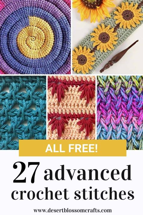 advanced crochet stitches collage Amigurumi Patterns, Mandalas, Advanced Crochet Stitches Free, Advanced Crochet Blanket Patterns, Crochet Stiches Ideas, Advanced Crochet Patterns, Yarn Activities, Pretty Crochet Stitches, Crochet Carpets