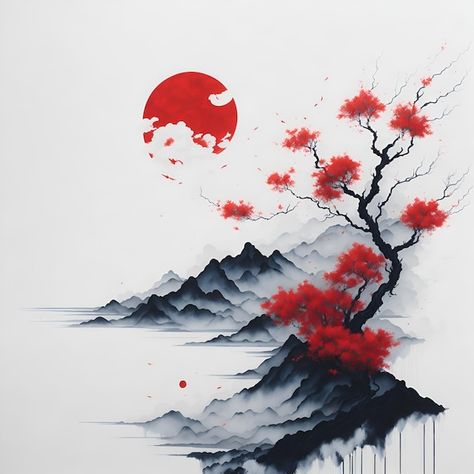 A painting of a tree with the sun behind... | Premium Photo #Freepik #photo #chinese-calligraphy #oriental-painting #japanese-painting #japan-art Kawaii, Luxury Living Rooms, Japanese Wall Painting, Japanese Tree Art, Japanese Landscape Painting, Aesthic Wallpaper, Painting Of A Tree, Japanese Calligraphy Art, Japan Watercolor