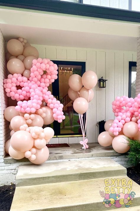 An all pink balloon garland on a modern white home with jumbo pink balloon bows and a pink helium balloon bouquet. Arch Balloon Garland, Balloon Bow, Girly Party Ideas, Arch Balloon, Bow Garland, Bow Baby Shower, Ballerina Birthday, First Birthday Party Themes, Naming Ceremony