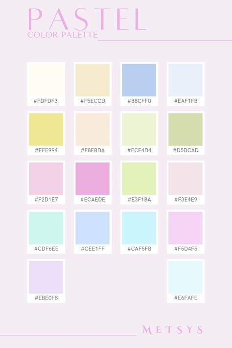 { #colorpalette #colors #designers #design #pastel #cute #aesthetic } Pastel Colors Name, Kawaii Pastel Color Palette, Aesthetic Color Palettes Pastel, Pastel Hex Codes, Colorful Pastel Aesthetic, Pastel Graphic Design, Pastel Website, Color Coding Notes, Color Palette Aesthetic