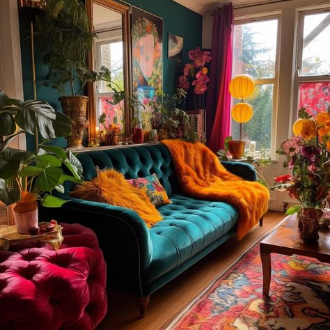 White Walls Colorful Furniture, Moody Maximalism Living Room, Bright Eclectic Home, Colorful Dark Living Room, Calm Maximalist Decor, Quirky Traditional Decor, Maximalist 70s Decor, Maximalist Curtain Ideas, Jewel Tone Living Room Color Pallets