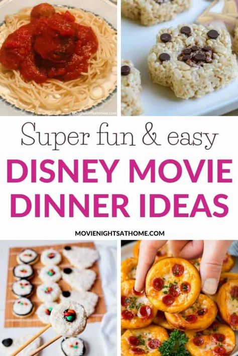 35+ Easy Disney Movie Night Dinner & Dessert Ideas Disney Appetizer Recipes, Disney Theme Appetizers, Dinner And Movie Christmas, Disney Movie Meal Ideas, Tarzan Movie Night Food, Elemental Movie Snacks, Movie Themed Potluck, Mario Movie Dinner, Ariel Movie Night