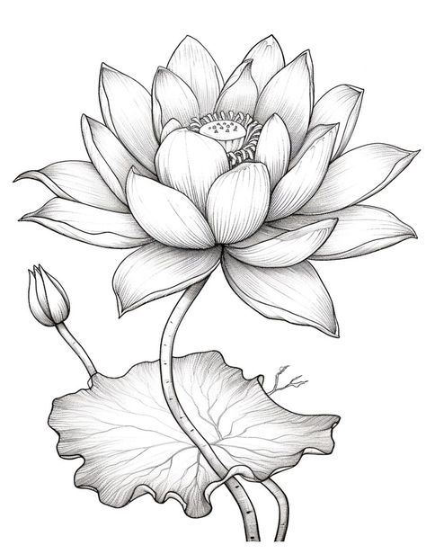 Premium AI Image | A drawing of a lotus flower with leaves and buds generative ai Japanese Lotus Drawing, Lotus Flower Sketch Drawings, Drawing A Lotus Flower, Lotus Flowers Sketch, Lotus Pencil Drawing, How To Make Lotus Flower, Lotus Flower Doodle, Lotus Drawing Art, Lotus Line Drawing