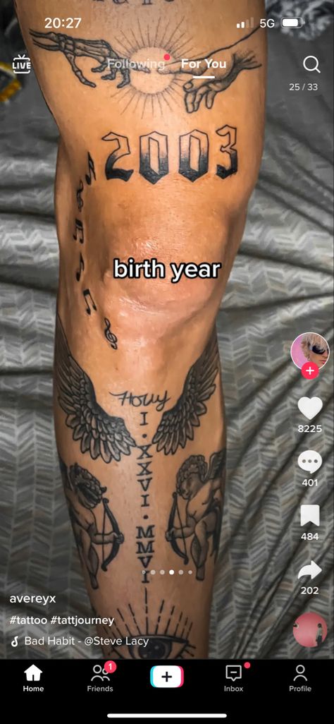 Freestyle Leg Tattoo, Small Forearm Tattoo Ideas For Men, 2001 Knee Tattoo, Year Of Birth Tattoo Men, Family Themed Tattoos For Men, Knee And Leg Tattoos, 2003 Knee Tattoo, Male Ribcage Tattoo, Palm Sized Tattoos Ideas