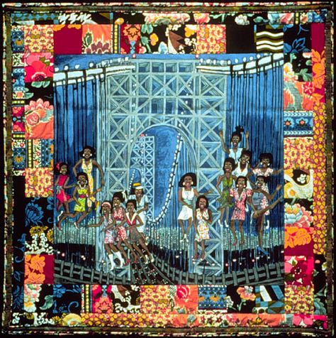 Dancing on the George Washington Bridge, Faith Ringgold, 1988, Acrylic on canvas with pieced fabric border, 68 x 68 inches Faith Ringgold Art, Judith Scott, Nancy Crow, Story Quilts, African American Quilts, Suzy Quilts, Faith Ringgold, History Of Quilting, Rachel Clark