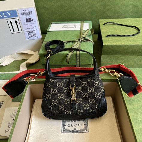 GG Jackie 1961 Mini Shoulder Bag Black And Ivory GG Denim Jacquard For Women 7.5in/19cm GG 685127 UN3AG 1294 Gucci Bags, Gucci Handbags, Gucci Denim, Gucci Jackie, Evening Clutch Bag, Mini Shoulder Bag, Trendy Tote, Louis Vuitton Speedy Bag, Tote Backpack