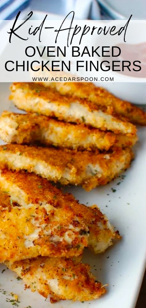 Try these delicious and nutritious oven-baked chicken fingers! Made with a crunchy panko crust and flavorful spices, this recipe is a hit with both kids and adults alike. With only a few simple ingredients, these chicken fingers are easy to make and perfect for a quick and satisfying weeknight dinner. Plus, with their wholesome ingredients and oven-baked preparation, you can enjoy these guilt-free! Chicken Baking Recipes, Delicious Easy Chicken Recipes, Oven Baked Panko Chicken Tenders, Easy Recipes Using Chicken Tenderloins, Crispy Chicken Fingers Baked, Oven Baked Fried Chicken Tenders, Baked Homemade Chicken Tenders, Easy Chicken Tender Recipes Healthy, Chicken Recipes Baked Easy