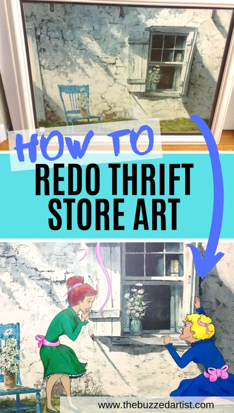 How to redo thrift store art | DIY upcycled art makeover Upcycling, Painting Over A Painting Thrift Stores, Vintage Art Upcycle, Modge Podge Painting Canvas, Thrift Store Art Makeover Upcycle, Thrifted Painting Upcycle, Thrift Painting Makeover, Repurposed Thrift Store Art, Repurpose Old Paintings