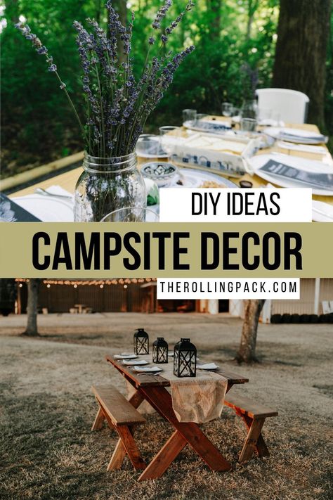 Campsite decorations can add SO much to your camping experience! Here you’ll find DIY campsite decoration ideas, campsite decor hacks, and advice on how to make your campsite into an outdoor living area! #rvlife #fulltimerv #rvlifestyle #camperlife #camping #campsite #glamping #campsitedecor #vanlife #vanlifeideas Campsite Entrance Ideas, Camping Trailer Outdoor Setup, Farm Camping Ideas, Camping Retreat Ideas, Private Campsite Ideas, Outdoor Camping Party Decor, Campsite Diy Ideas, Campfire Set Up Ideas, Decorating Tent Camping