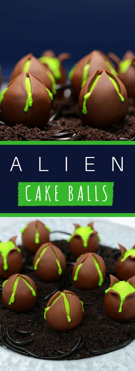 A minty fresh cake recipe molded into delicious green Alien Cake Balls. Make sure to eat them before a Facehugger pops out! Makes 24 cake pops Alien Egg, Alien Cake, Halloween Backen, Cake Ball, Spooky Food, Halloween Food Treats, Fresh Cake, Green Alien, Egg Cake