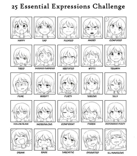 Expressions Template, 25 Essential Expressions Challenge, Essential Expressions Challenge, 25 Essential Expressions, Expressions Challenge, Anime Face Shapes, Expression Challenge, Animation Drawing Sketches, Poses Anime