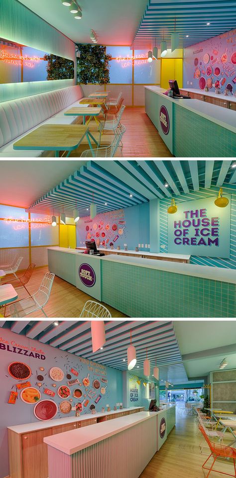 Plasma Nodo Have Designed Soft Touch, A Colorful Ice Cream Store In Colombia Business Place Design, Ice Cream Store Interior Design, Ice Cream Shops Ideas, Ice Creme Shop Design, Shaved Ice Shop Design, Cafe Interior Design Colorful, Colorful Bar Design, Small Ice Cream Shop Design Interior, Ice Cream Shop Interior Design Ideas