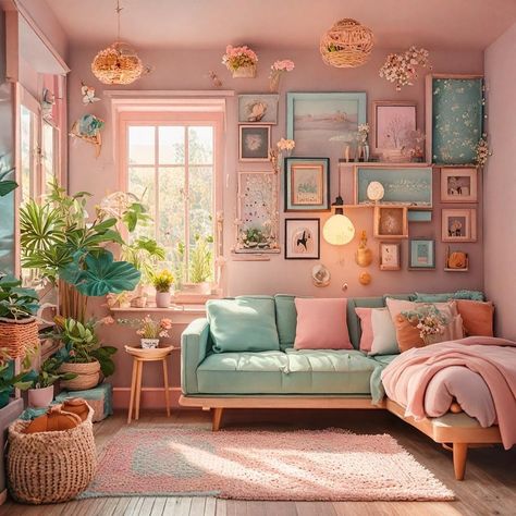 Pink And Green Couch, Pink And Mint Green Living Room, Pastel Walls Living Room, Pink Couch Green Wall, Decorate With Shutters Inside, Pastel Colors Home Decor, Rug Ideas Living Room, Maximalist Pastel Decor, Single Woman Living Room Ideas