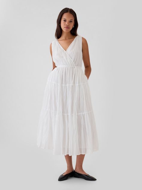 Soft pleated maxi dress.  V-neck, V-back.  Sleeveless.  Tie belt at waist.  Tiered skirt.  * Fit: Slim.  A fit & flare silhouette that sits close to the body & flares at the waist.  Hits at the ankle.  Model is approx.  5’10” wearing White Dress Family Photos, White Cotton Dress Summer, Cotton Dress Summer, V Neck Midi Dress, Wedding Guest Dress Summer, Dresses Xxl, Pleated Maxi, Pleated Maxi Dress, Tiered Maxi Dress