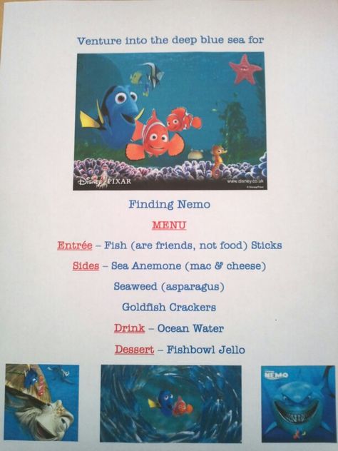 Disney Family Movie Night - Finding Nemo menu Disney Movie Menu Ideas, Mario Movie Night, Movie Menu Ideas, Movie Meals, Disney Nights, Disney Movie Themed Dinner, Family Movie Night Themes, Disney Movie Night Menu, Theme Dinners