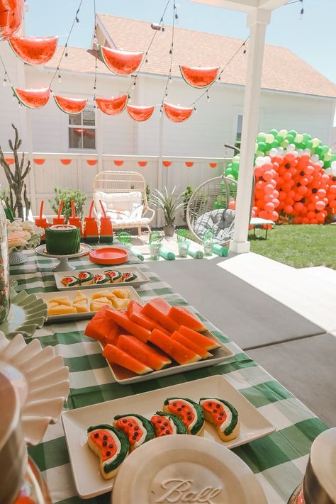 Looking for inspo for a watermelon themed party!? Don't worry we got you covered! Sharing all the details from our watermelon themed summer splash party! Watermelon Decorations Party Ideas, 11 Year Birthday Party Ideas Summer, Watermelon Party Ideas Decoration Summer, Watermelon Second Birthday Party, Watermelon Themed 1st Birthday, Watermelon Theme Birthday Party, Watermelon Backdrop Party Ideas, Summer Theme 1st Birthday Party, Watermelon Theme Party Decorations