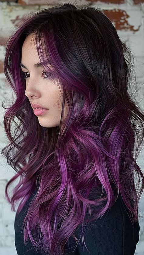 Striking and Stylish: 25 Purple Hair Colors for a Bold New You Balayage, Beautiful Hair Colour Ideas, Hair Color Inspo For Brunettes, Hair Dye Color Combinations, Pink Into Purple Hair, Maroon And Purple Hair, Hair Dye Colors For Dark Hair, Black And Purple Color Block Hair, Two Tone Hair Purple