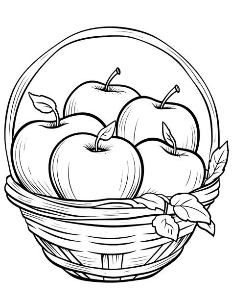 Basket Full of Apples: A basket overflowing with apples of different sizes. (Free Printable Coloring Page for Kids) Patchwork, Apple Basket Drawing, Basket Of Apples Drawing, Fruits Colouring Pages For Kids, Cupcake Colouring, Apple Coloring Page, Coloring Page Flowers, Apple Drawing, Fruit Coloring
