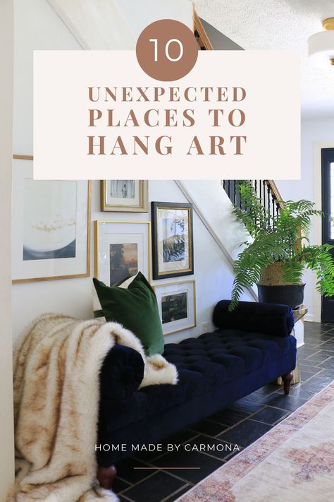 10 Unexpected Places To Hang Wall Art In Your Home - Home Made by Carmona Hanging Art In Living Room, Where To Hang Paintings, Hang Art On Door, Wall Art Alternative, Where To Hang Photos In House, Hanging Art On Doors, Hanging Art Over Wainscoting, Where To Hang Art In Your Home, How To Hang Art