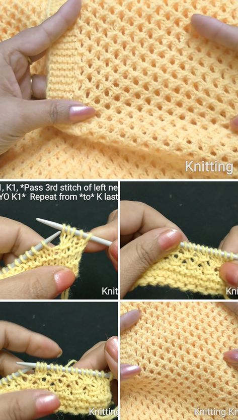 This mesh stitch knitting pattern is both lacy and beautiful and makes a lovely square! There are unlimited projects that you can make with this mesh stitch because it is airy for the summer season and strong enough to be a cover for your everyday objects! Knit Stitches, Mesh Knitting Stitch, Mesh Stitch Knitting, Square Knitting Patterns, Knit Stitch Patterns Free, Stitch Knitting Pattern, Mesh Stitch, Knitting Stitches Tutorial, Mesh Pattern