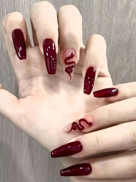 Wine Nails With Rhinestones, Snake Acrylic Nail Designs, Red Snake Nails Designs, Maroon Coffin Acrylic Nails, Red Snakeskin Nails, Acrylic Nails Concert, Fuchsia Nails Ideas, Maroon Acrylic Nails Design, Red Stone Nails