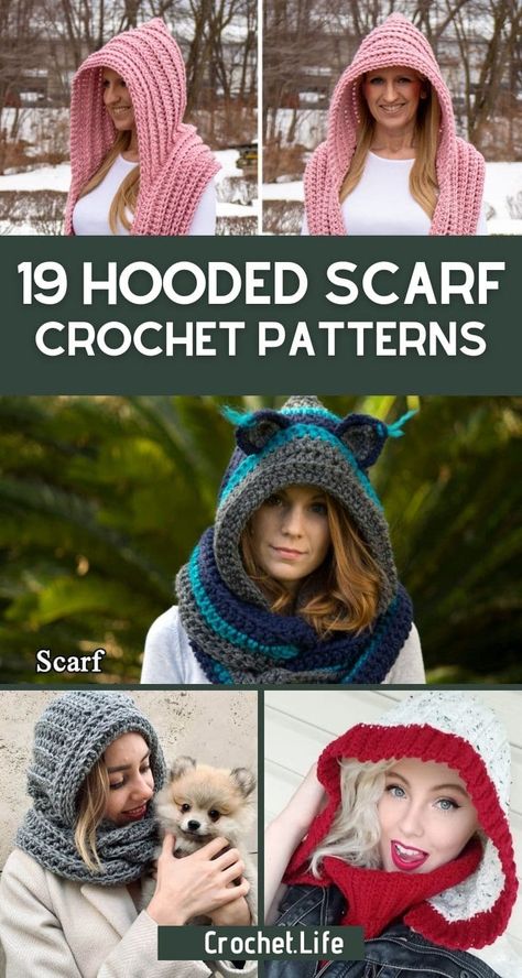 Amigurumi Patterns, Crochet Hooded Scarf With Pockets Free Pattern, Crochet Hat Hood, Crochet Hooded Scarf Free, Knitting Hooded Scarf, Hood Scarf Crochet Pattern Free, Crocheted Hooded Scarf, Knitted Scarf With Hood, Hooded Neck Warmer Crochet