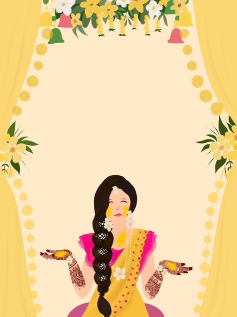 Indian bride illustrations Haldi Digital Invitation, Mehandi Poster Background Design, Mayoun Invitation Cards, Mehandi Poster Design, Haldi And Mehendi Invitation, Mehandi Illustration, Haldi Bride Illustration, Mehandi Caricature, Mehandi Background