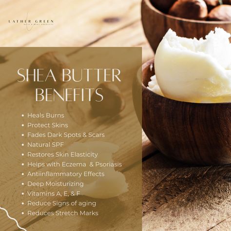 Benefits of Shea Butter! Shea Butter is used in our butters & scrubs, get yours today at www.lathergreen.com #coconutoil #sheabutter #allnatural #naturalproducts #nontoxicbeauty #naturalcosmetics #softskin #bodyoil #avocadooil #mangobutter #whippedsheabutter #sheabodybutter #oilcoconut #mangobodybutter #buttershea #oilavocado #avocadoseedoil #coconutoilbenefits #organiccoconutoil #africansheabutter #sheabutterbenefits #unrefinedsheabutter #coconutoils #sheabuttersoap #vitamineoil Shea Butter Aesthetic, Shea Butter Benefits Skincare, Benefits Of Shea Butter, Butter Image, Shea Butter Face, Raw Cocoa Butter, Shea Butter Benefits, Shea Butter Cream, Natural Spf