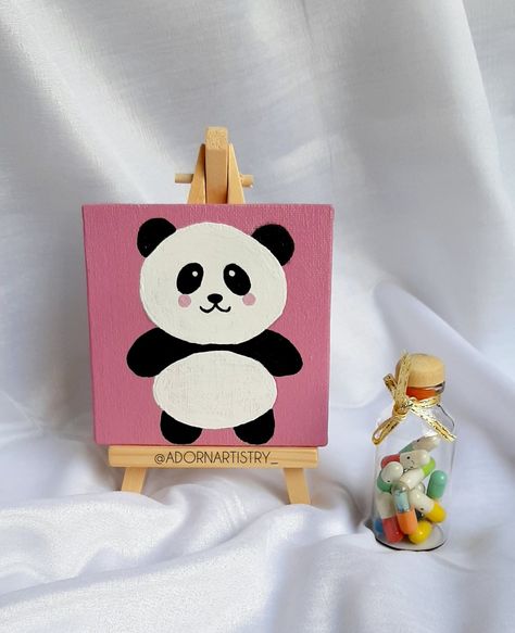Panda Canvas Art, Panda Painting Easy, Cartoon Paintings Easy Canvas, Panda Canvas Painting, Fairwell Gifts, Cute Panda Painting, Mini Toile, Paper Cup Crafts, Panda Painting