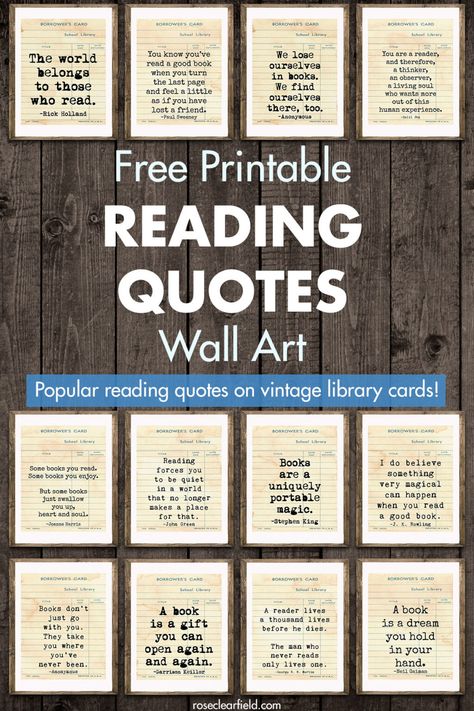 Free Printable Library Card Reading Quotes Wall Art • Rose Clearfield Library Decorations Ideas, Diy School Library, Reading Quotes Classroom, Vintage Book Wall Art, Printable Book Quotes Free, Diy School Library Decor, Library Classroom Decor, Book Quotes Printables, Reading Quotes For Classroom