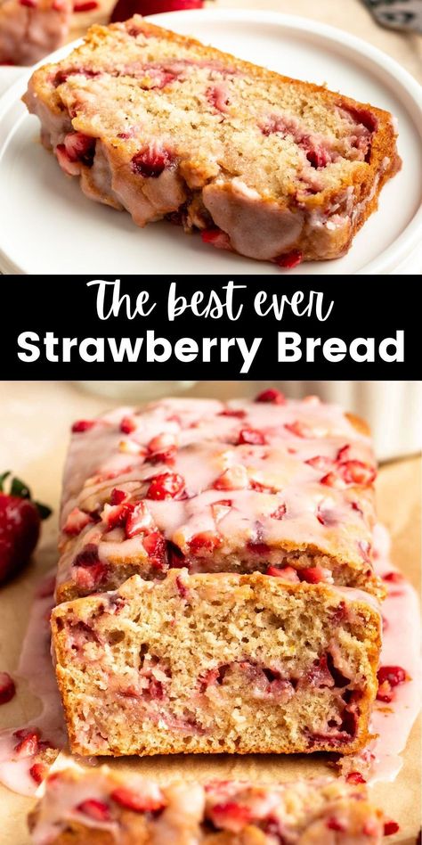 This incredibly moist fresh strawberry bread is made with fresh strawberries and is topped with a delicious strawberry glaze. Strawberry And Cream Loaf Cake, Strawberry Mini Loaf Cake, Easy Loaves Recipes, Pastel, Essen, Best Strawberry Bread Recipe, Strawberry Loaf Cake Easy, Baked Loaf Recipes, Yummy Loaf Recipes