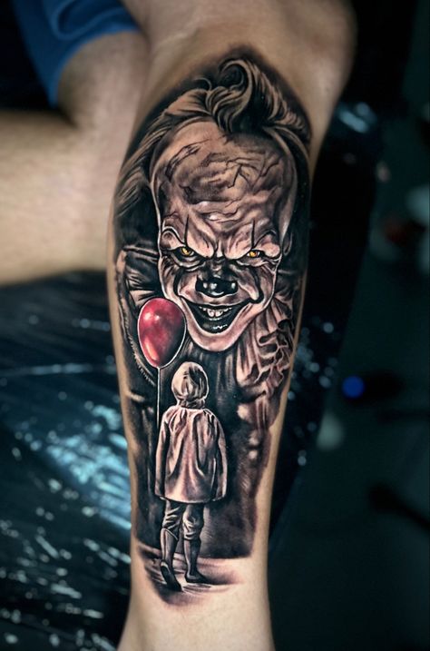 Horror movie tattoo made on calf in one session by blef.tattoo #tattoo #ittattoo #pennywise #pennywisetattoo #pennywisetheclown #realismtattoo #blackandgraytattoo #warsaw #warszawa #hamburg #calftattoo Horror Tattoo Sleeve, Pennywise Tattoo, Horror Sleeve, Joker Tattoo Design, Horror Movie Tattoos, It Pennywise, Movie Tattoo, Pennywise The Clown, Joker Tattoo