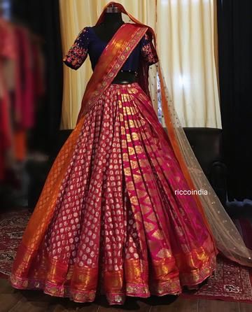 Ricco is a clothing and jewelry online and offline store. Pleated Lehenga Indian Weddings, Pleated Lehanga Design, Kerala Engagement, Traditional Half Saree, Pleated Lehenga, Mehendi Function, 25 Anniversary, Lehenga Style Saree, Asian Clothes