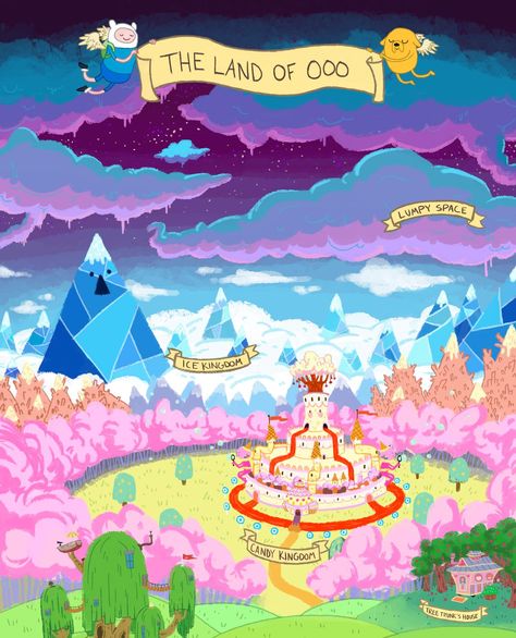 Adventure Time - Land of Ooo Map Part 1 Ice Kingdom Adventure Time, Candy Kingdom Adventure Time, Adventure Time Map, 1950s Cartoon, The Land Of Ooo, Fin And Jake, Ice Kingdom, Adventure Time Parties, Aventure Time