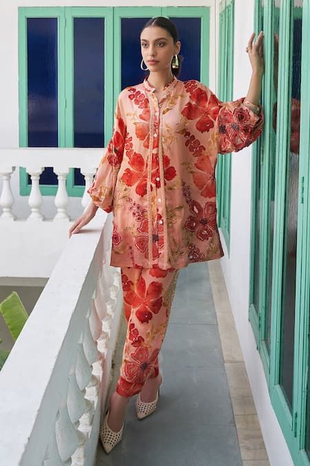 Buy Peach Cupro Satin Printed Floral Floret Shirt And Trouser Co-ord Set For Women by Varun Bahl Online at Aza Fashions. Floral Coord Sets For Women, Cord Set Shirt And Pant, Printed Co Ord Set Designs, Pakistani Coord Sets For Women, Printed Coord Set Designs, Shirt Cord Set, Co-ord Sets, Floral Coord Set, Co Ords Outfits Party