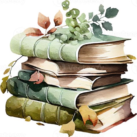 Old Book Watercolor Illustration Watercolor Art Books, Watercolor Books Painting, Old Book Drawing, Books Watercolor Painting, Book Oil Painting, Book Watercolor Painting, Old Book Illustration, Green Art Painting, Book Paintings