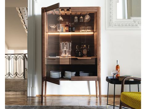 Walnut bar cabinet with integrated lighting ATLANTE | Bar cabinet by Porada Wood Bar Cabinet, Modern Bar Cabinet, Home Bar Cabinet, Double Glass Doors, Sensor Light, Drinks Cabinet, Mobile Bar, Design Del Prodotto, Wood Bar