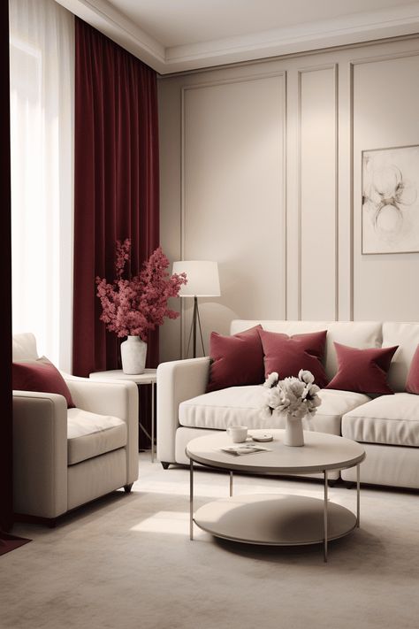 11 Great Colors That Go Well With Burgundy Burgundy And Cream Interior, Maroon Accent Living Room, Burgundy Accent Living Room, Living Room Decor With Curtains, Colors That Go With Beige Living Room, Red Couches Living Room Decor Ideas, Burgundy Beige Living Room, Burgundy Accents Living Room, Colors Combinations Home