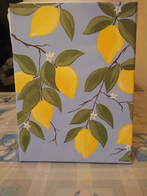 Things To Paint Simple Canvas, Easy Lemon Paintings On Canvas, Apples Painting Acrylic, Lemons Painting Easy, Painting Ideas On Canvas Lemons, Lemons And Oranges Painting, Lemons Aesthetic Painting, Simple Small Acrylic Paintings, Lemon And Orange Painting