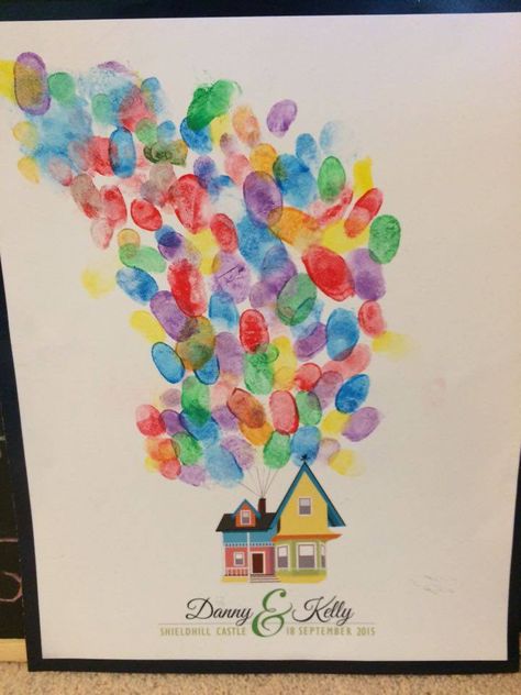 Wedding Thumbprint Picture - UP themed #wedding #disney #UP #house #balloon #colourful #multicoloured #carl #ellie #bride #groom #thumbprint #guestbook Up Themed Housewarming Party, Up Movie Themed Birthday Party, Up Disney Birthday Party, Pixar Up Themed Party, Disney Up Gender Reveal Theme, Disney Up Themed Wedding, Up Themed Decorations, Up Theme Nursery, Up Theme Centerpiece