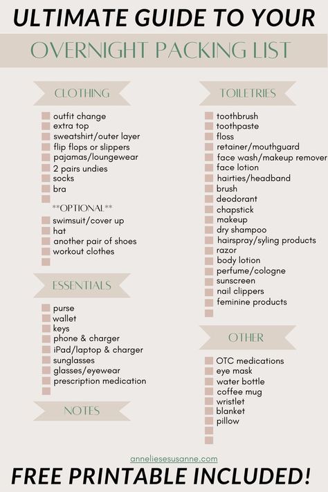 Ultimate Guide to Your Overnight Packing List Free Printable Overnight Checklist Packing Lists, 2 Night Sleepover Packing List, Packing List For One Night, Packing Weekend Bag, Packing Overnight Bag, Packing List For Hotel Stay, Trip Bag Packing Lists, Over Night Bag Packing List, One Night Camping Trip List